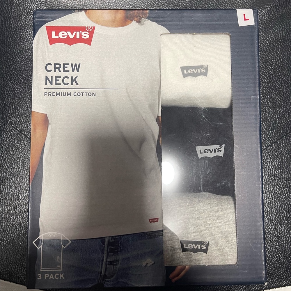 LEVIS Men's L 3-Pack White Black Gray Crew Neck Cotton Logo T Shirt